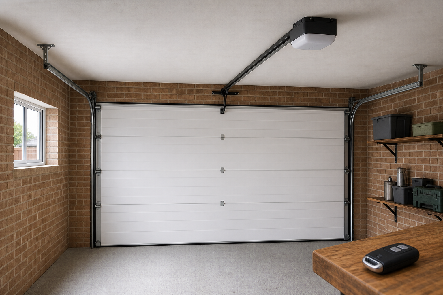 Domestic electric garage door opener fitted to a garage door